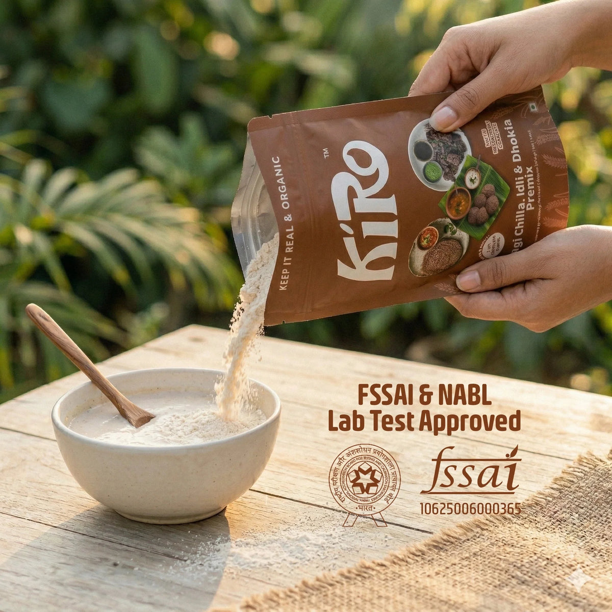 Kiro Ragi Premix being poured from the pouch into a mixing bowl, the first step for ragi uttapam