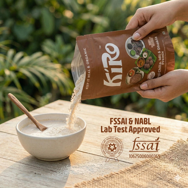 Kiro Ragi Premix being poured from the pouch into a mixing bowl, the first step for ragi appe