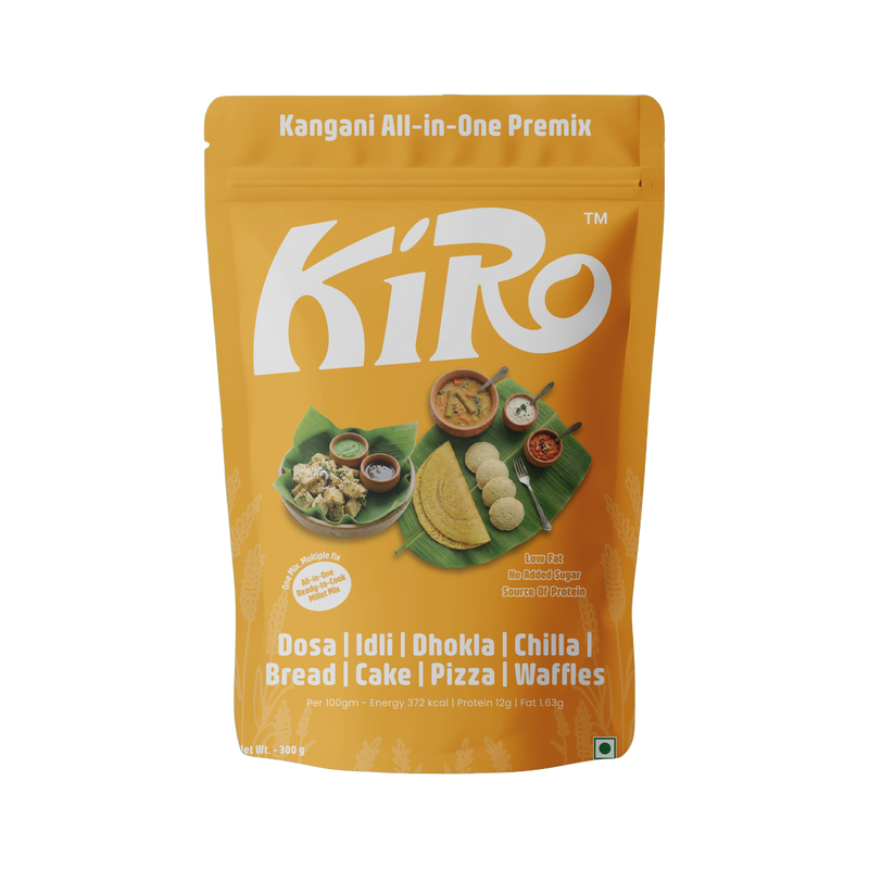 Kiro Kangani (Foxtail Millet) All-in-One Premix 300g pouch front — dosa, idli, dhokla, chilla, bread, cake, pizza and waffles