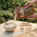 Kiro ragi premix flour pouring from a pouch into a bowl with FSSAI and NABL lab test approved badges