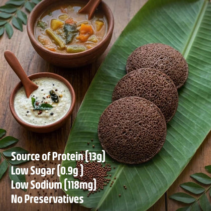 Soft fluffy ragi idli with sambar and coconut chutney — 13g protein, low sugar, low sodium, no preservatives