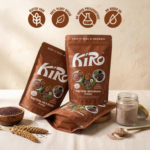 Three Kiro Ragi Chilla Idli Dhokla premix pouches with gluten-free, plant-based, no preservatives, no added oil badges