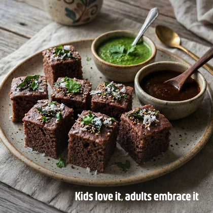 Steamed ragi dhokla cubes with green chutney and tamarind chutney from Kiro 3-in-1 finger millet premix